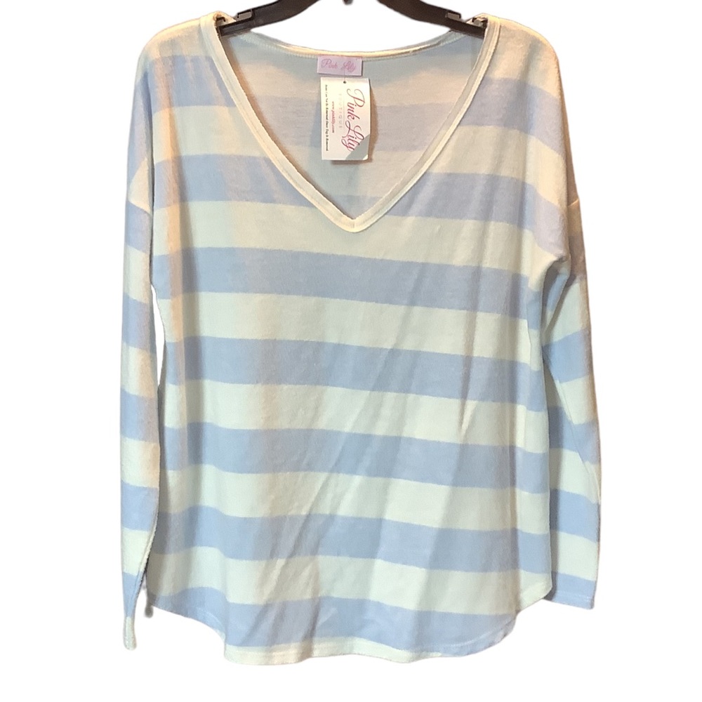 Pink Lily Pullover Sorta Sweater Stripes White Blue Long Sleeve V-neck NWT